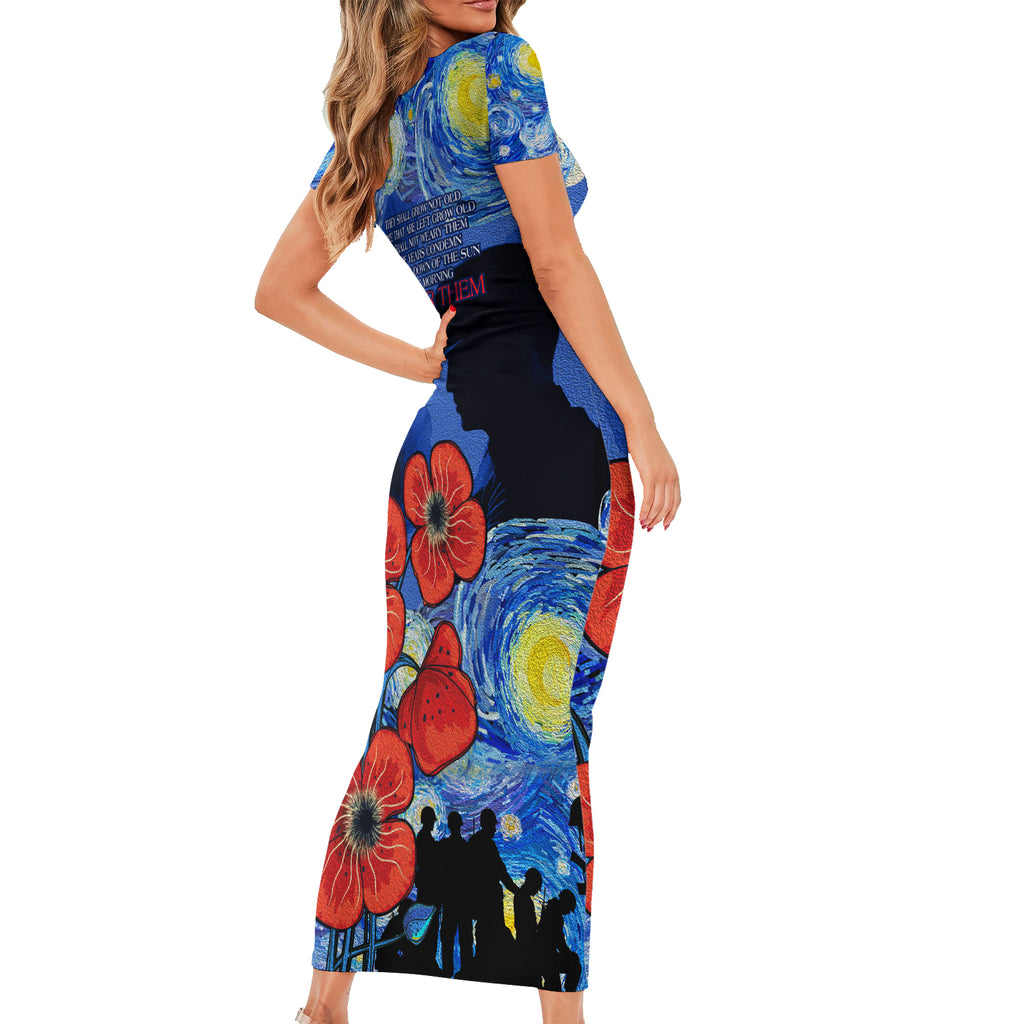 Remember Them ANZAC day Short Sleeve Bodycon Dress Soldier In Starry Night Oil Paint Style