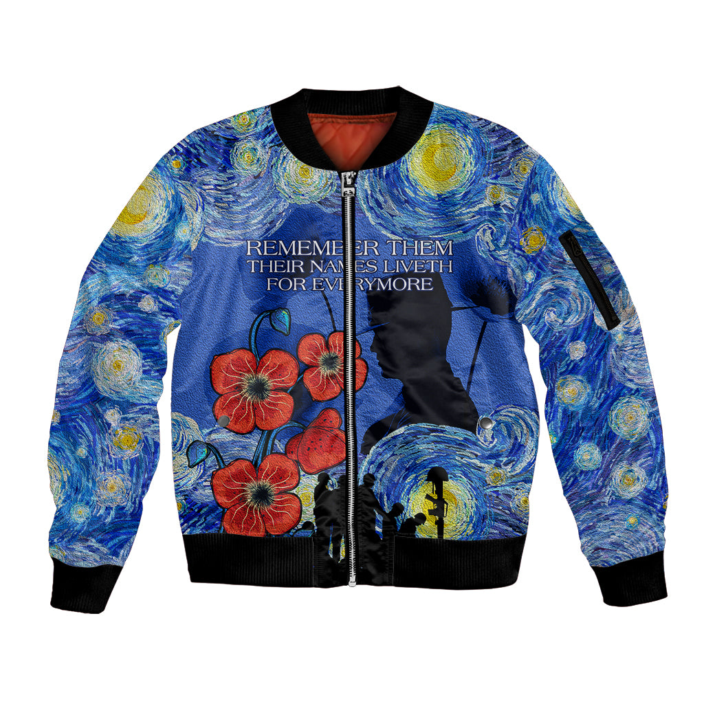 Remember Them ANZAC day Sleeve Zip Bomber Jacket Soldier In Starry Night Oil Paint Style