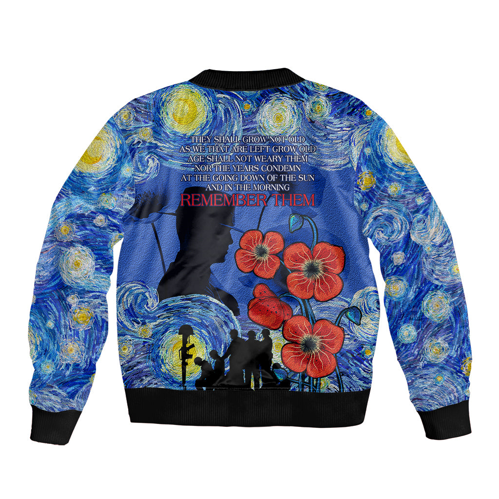 Remember Them ANZAC day Sleeve Zip Bomber Jacket Soldier In Starry Night Oil Paint Style