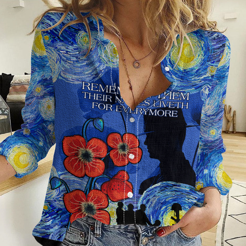 Remember Them ANZAC day Women Casual Shirt Soldier In Starry Night Oil Paint Style