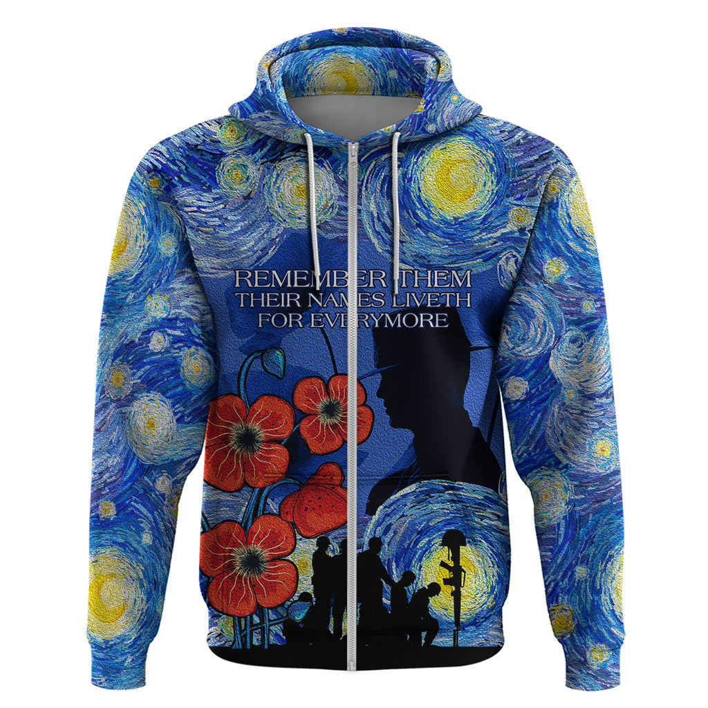 Remember Them ANZAC day Zip Hoodie Soldier In Starry Night Oil Paint Style