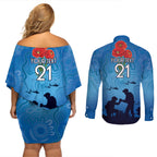 Custom Bulldogs Rugby ANZAC Couples Matching Off Shoulder Short Dress and Long Sleeve Button Shirt The Military Soldiers with Aboriginal Style