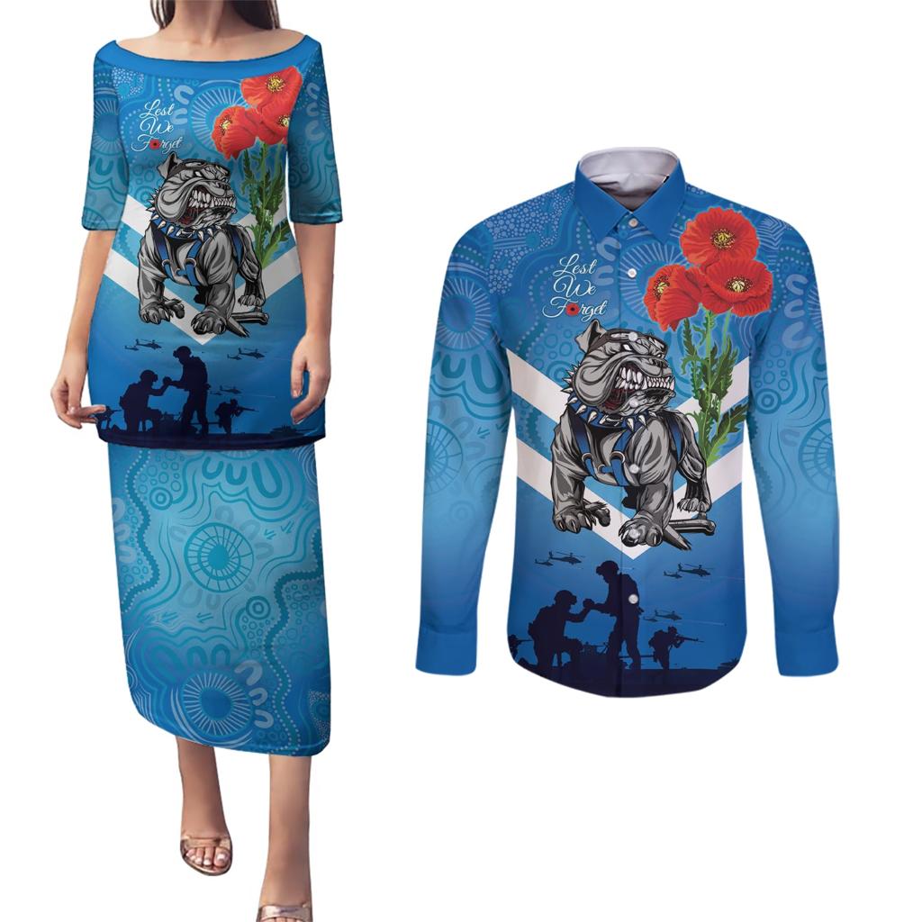 Custom Bulldogs Rugby ANZAC Couples Matching Puletasi and Long Sleeve Button Shirt The Military Soldiers with Aboriginal Style