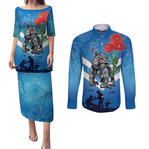 Custom Bulldogs Rugby ANZAC Couples Matching Puletasi and Long Sleeve Button Shirt The Military Soldiers with Aboriginal Style