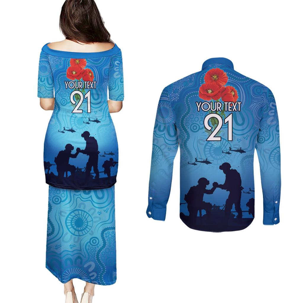 Custom Bulldogs Rugby ANZAC Couples Matching Puletasi and Long Sleeve Button Shirt The Military Soldiers with Aboriginal Style