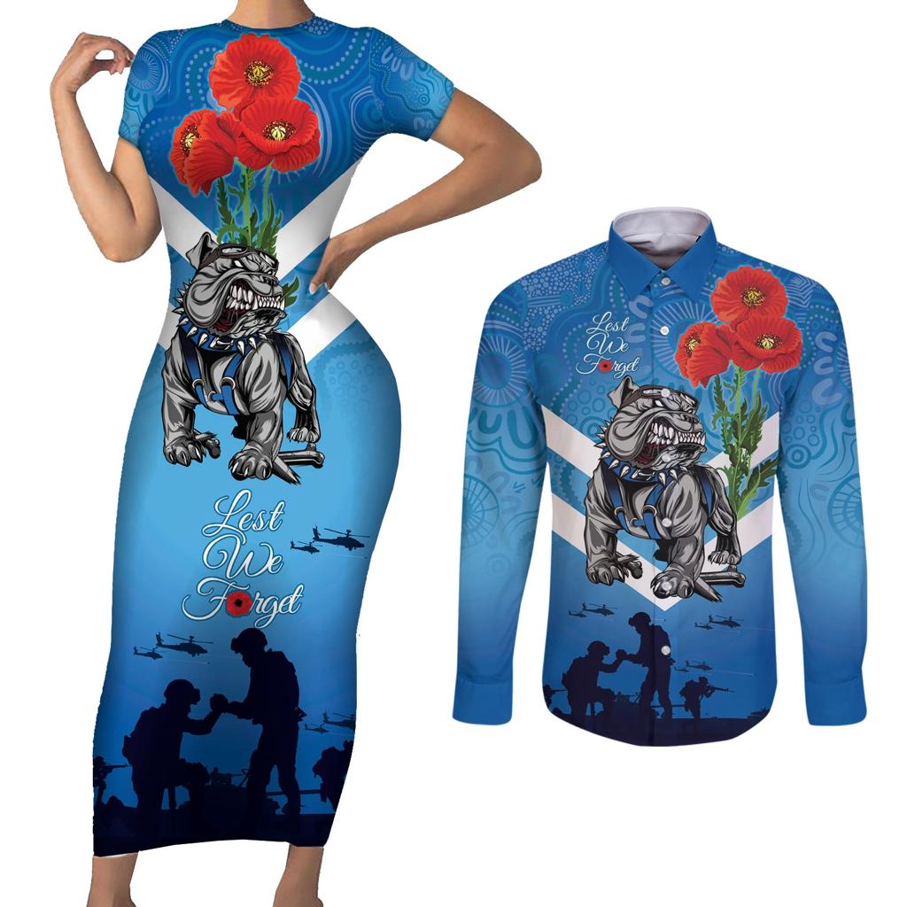 Custom Bulldogs Rugby ANZAC Couples Matching Short Sleeve Bodycon Dress and Long Sleeve Button Shirt The Military Soldiers with Aboriginal Style