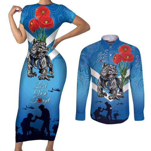 Custom Bulldogs Rugby ANZAC Couples Matching Short Sleeve Bodycon Dress and Long Sleeve Button Shirt The Military Soldiers with Aboriginal Style