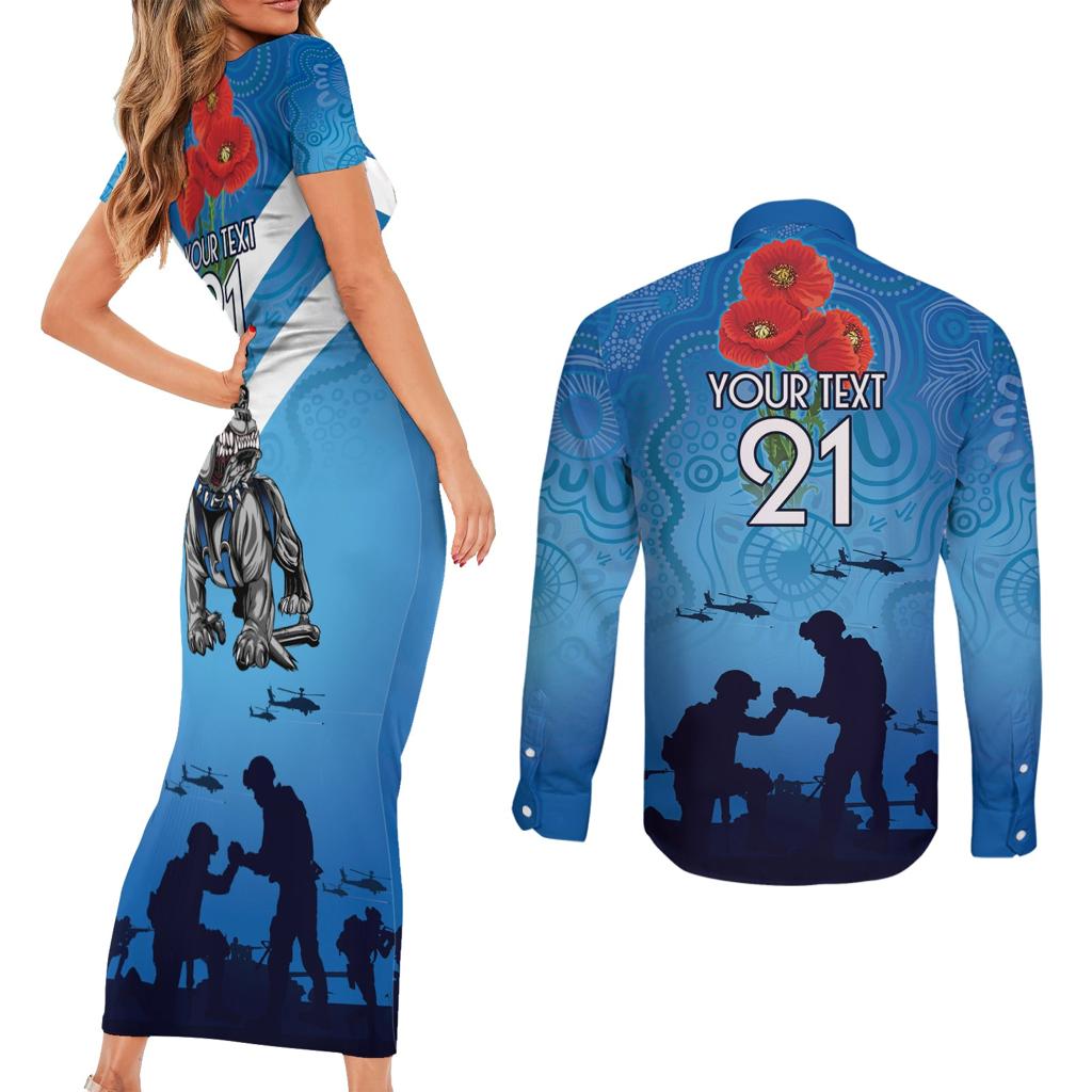 Custom Bulldogs Rugby ANZAC Couples Matching Short Sleeve Bodycon Dress and Long Sleeve Button Shirt The Military Soldiers with Aboriginal Style