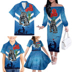 Custom Bulldogs Rugby ANZAC Family Matching Off Shoulder Long Sleeve Dress and Hawaiian Shirt The Military Soldiers with Aboriginal Style