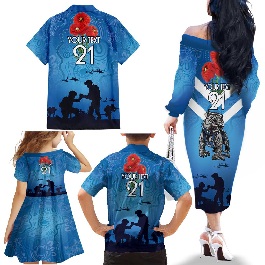 Custom Bulldogs Rugby ANZAC Family Matching Off Shoulder Long Sleeve Dress and Hawaiian Shirt The Military Soldiers with Aboriginal Style