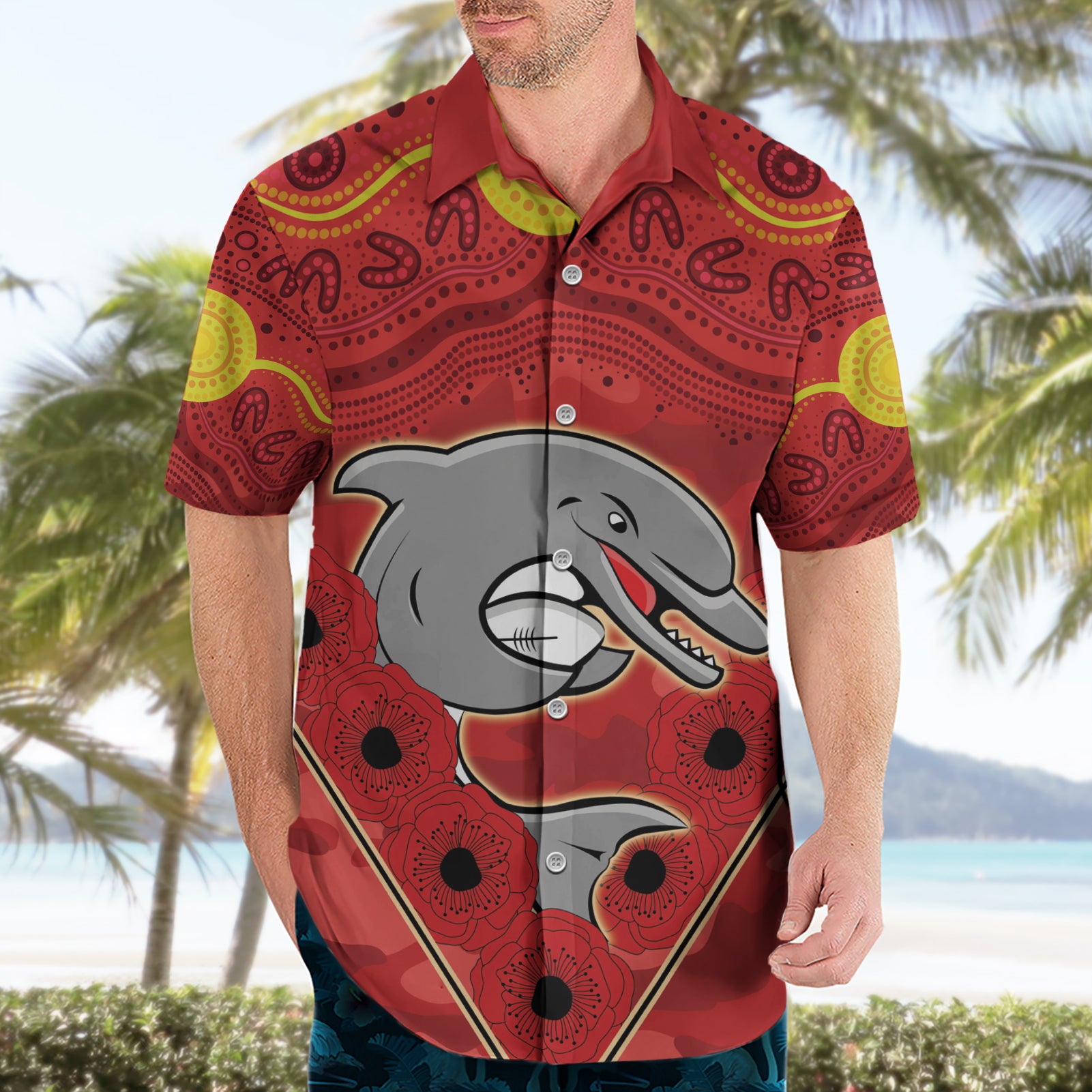 Custom Dolphins Rugby ANZAC Hawaiian Shirt Aboriginal and Army Patterns