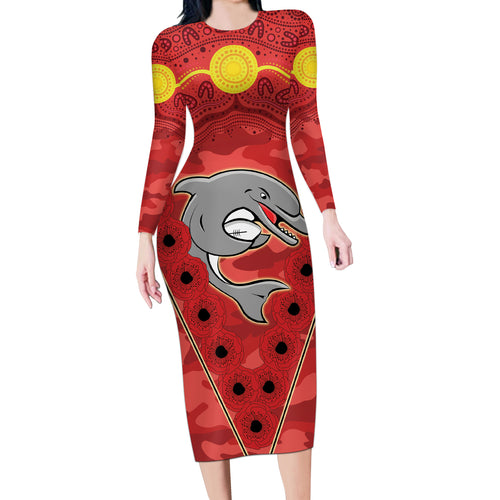 Custom Dolphins Rugby ANZAC Long Sleeve Bodycon Dress Aboriginal and Army Patterns