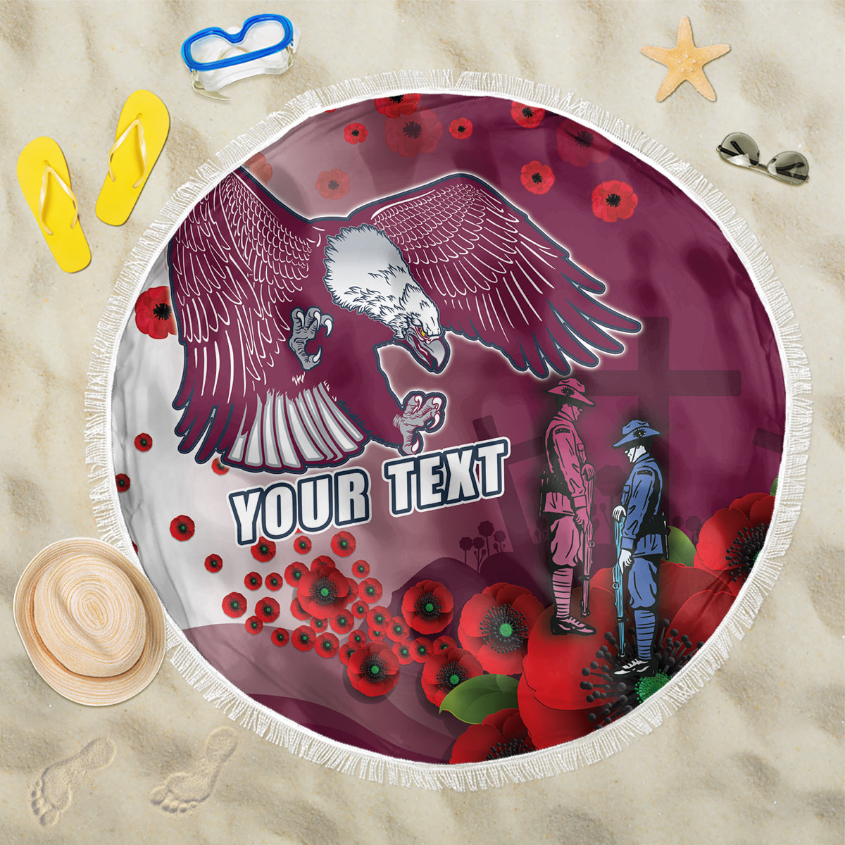 Custom Sea Eagle Rugby ANZAC Beach Blanket The Military Soldiers with Red Poppy