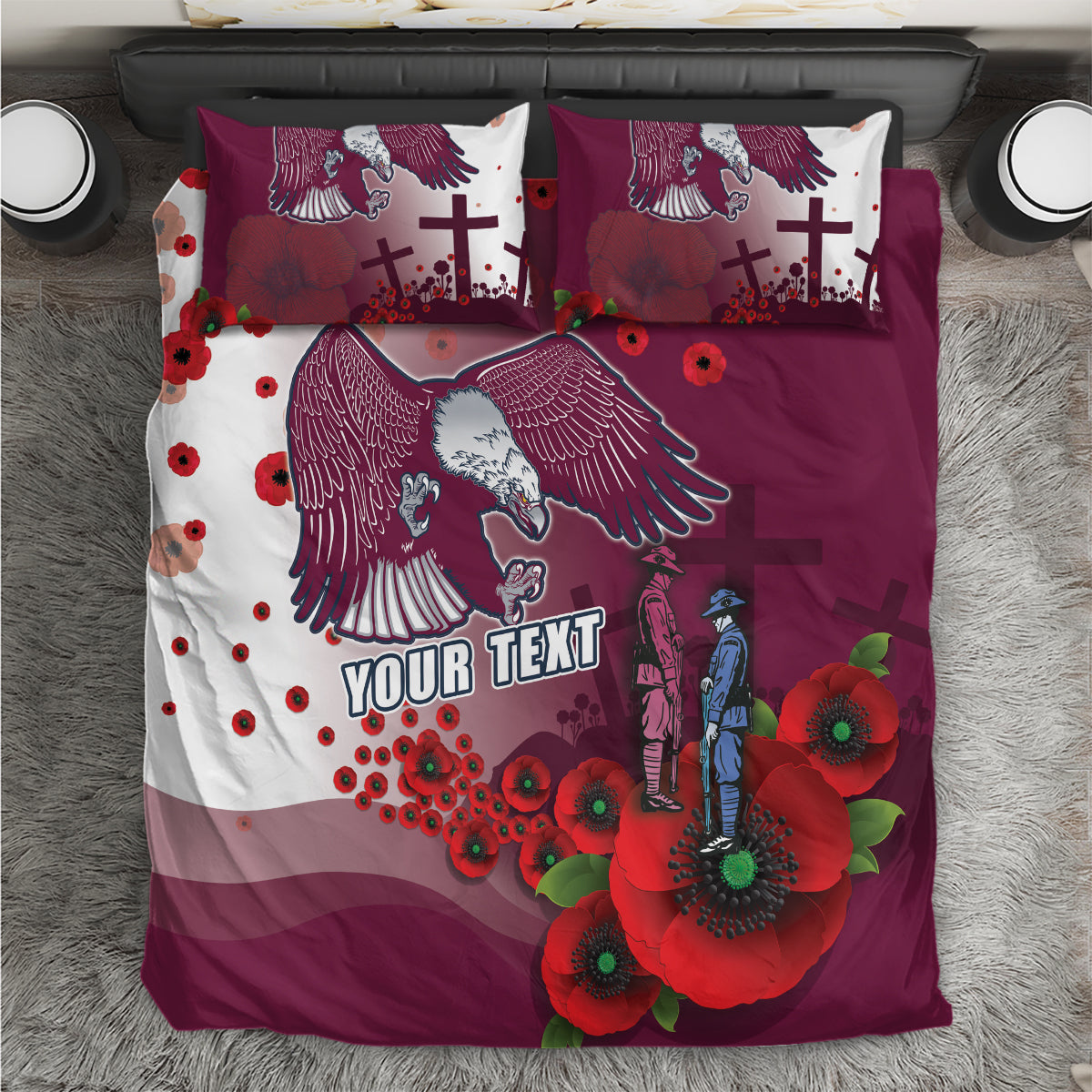 Custom Sea Eagle Rugby ANZAC Bedding Set The Military Soldiers with Red Poppy