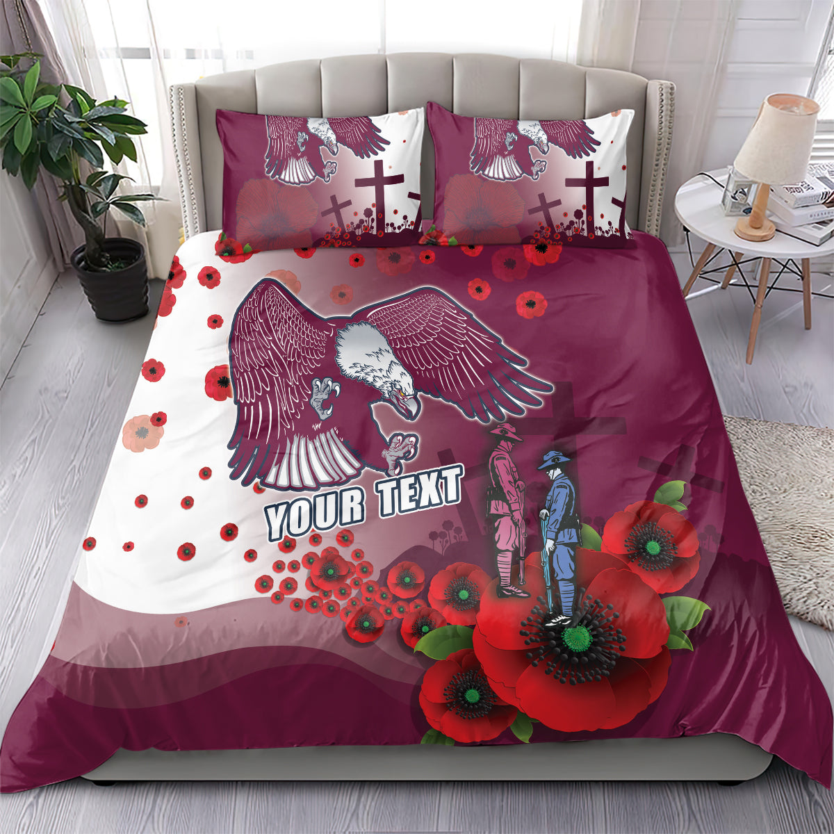 Custom Sea Eagle Rugby ANZAC Bedding Set The Military Soldiers with Red Poppy