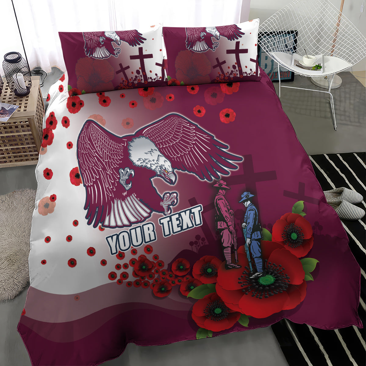 Custom Sea Eagle Rugby ANZAC Bedding Set The Military Soldiers with Red Poppy