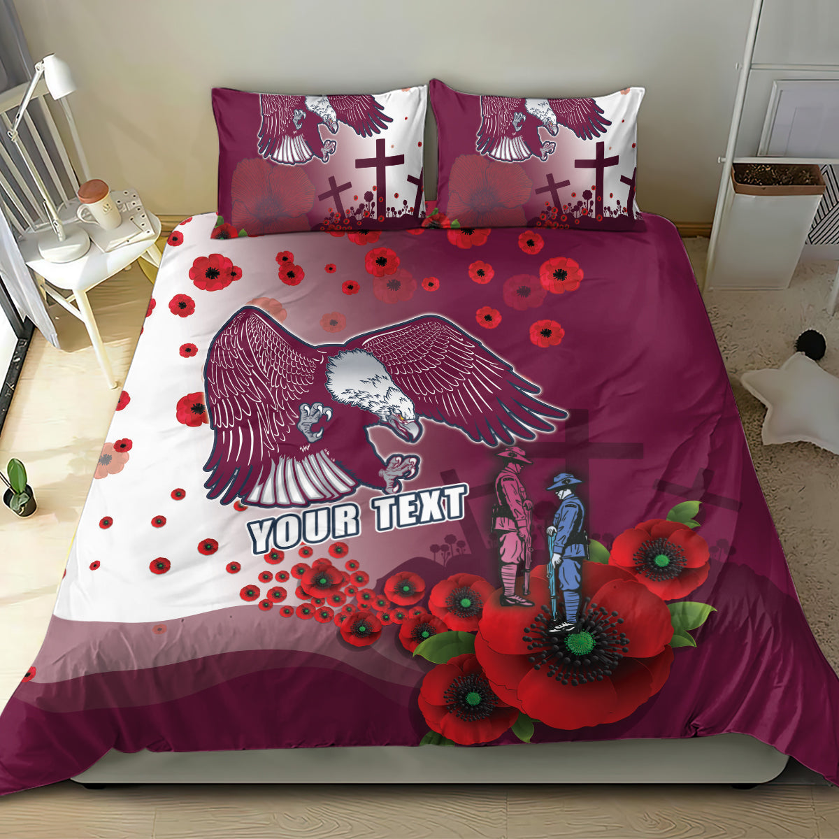 Custom Sea Eagle Rugby ANZAC Bedding Set The Military Soldiers with Red Poppy