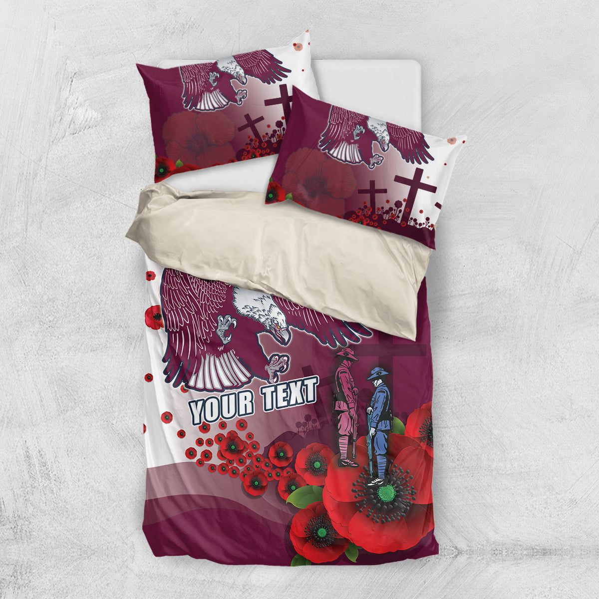 Custom Sea Eagle Rugby ANZAC Bedding Set The Military Soldiers with Red Poppy