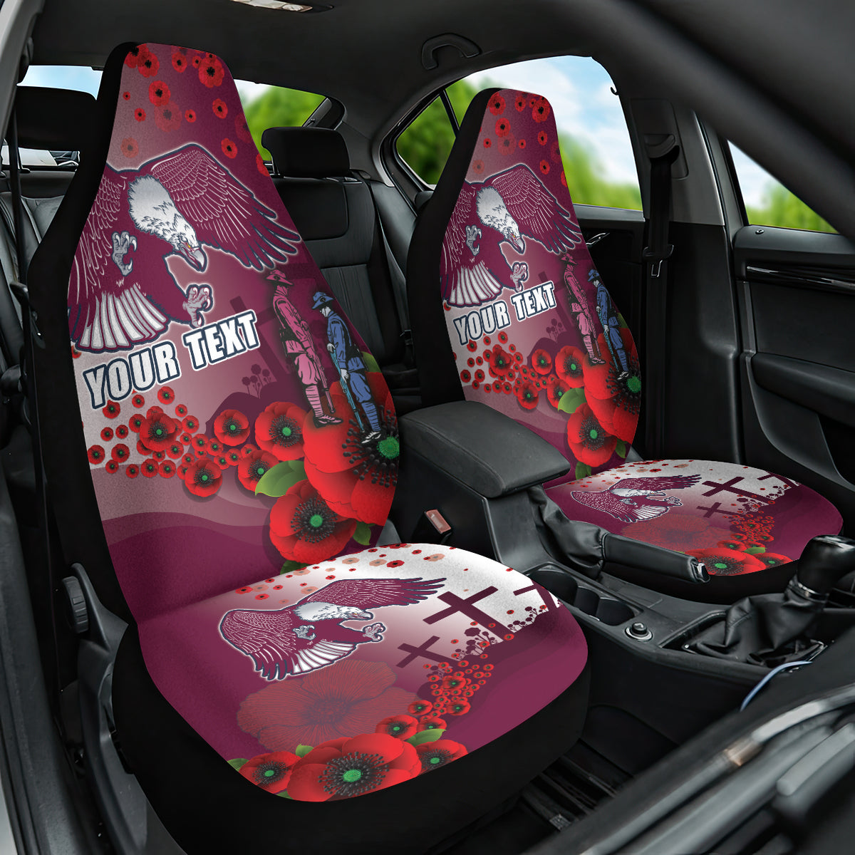 Custom Sea Eagle Rugby ANZAC Car Seat Cover The Military Soldiers with Red Poppy