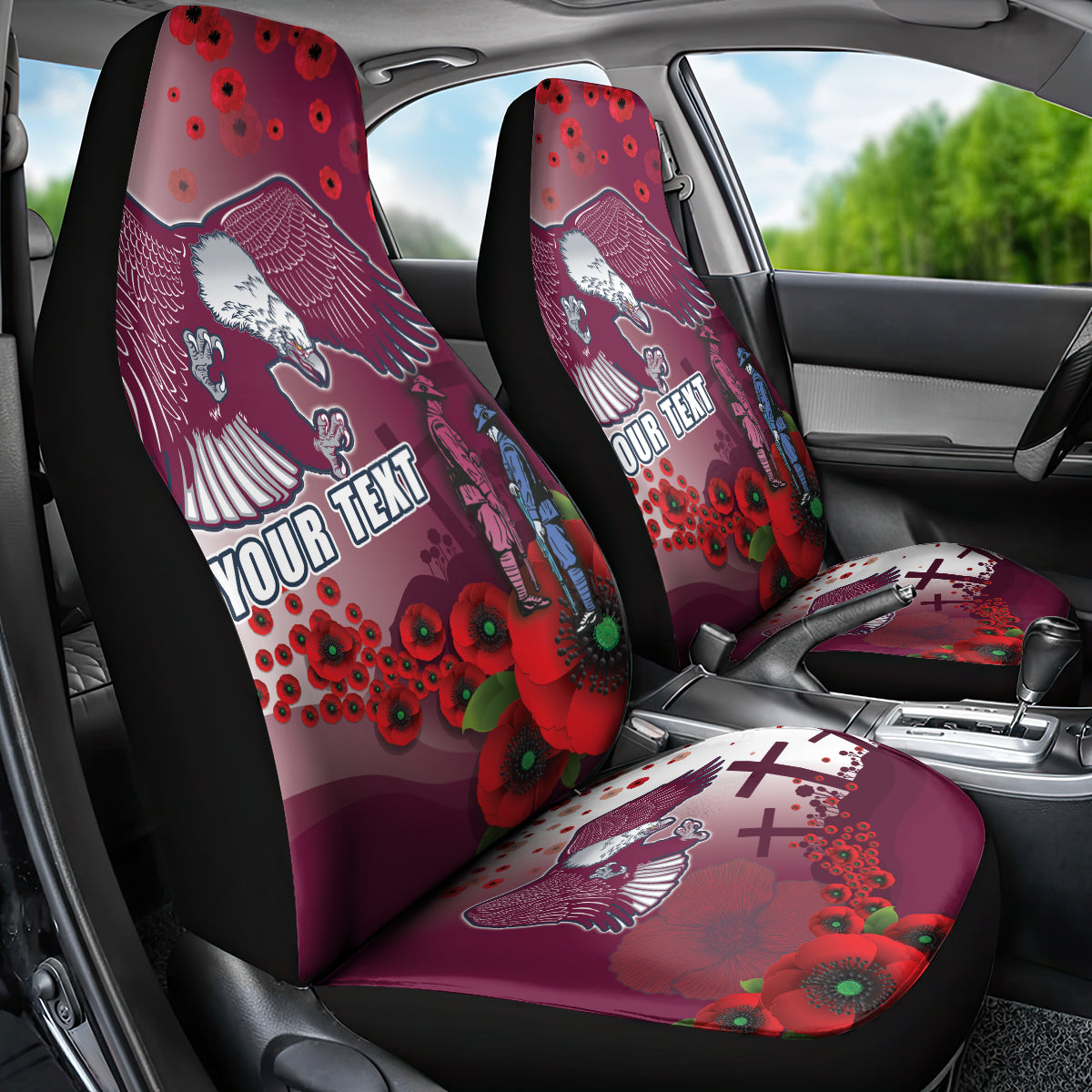 Custom Sea Eagle Rugby ANZAC Car Seat Cover The Military Soldiers with Red Poppy