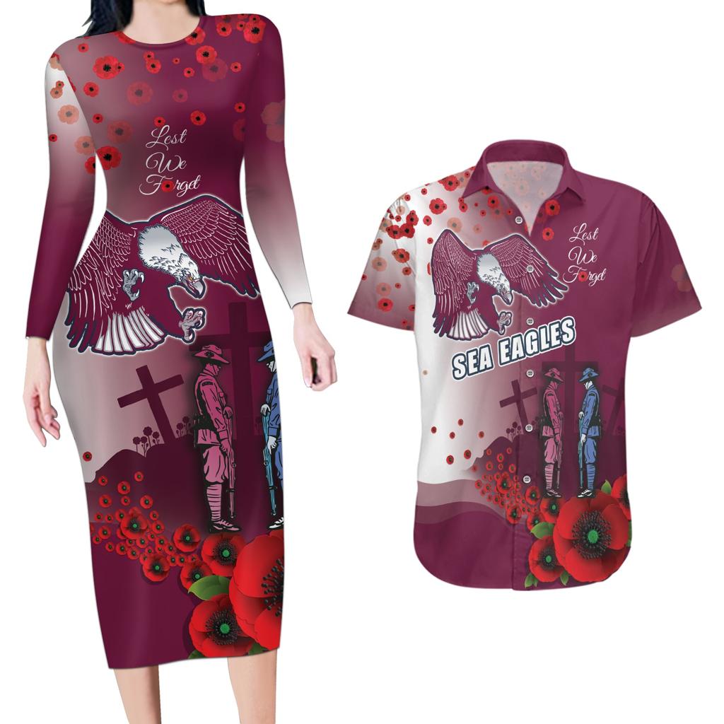 Custom Sea Eagle Rugby ANZAC Couples Matching Long Sleeve Bodycon Dress and Hawaiian Shirt The Military Soldiers with Red Poppy