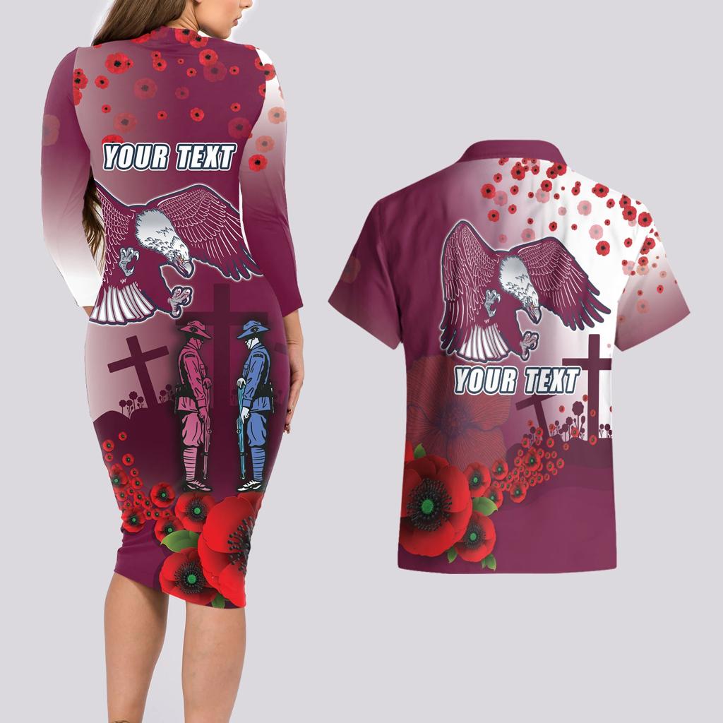 Custom Sea Eagle Rugby ANZAC Couples Matching Long Sleeve Bodycon Dress and Hawaiian Shirt The Military Soldiers with Red Poppy