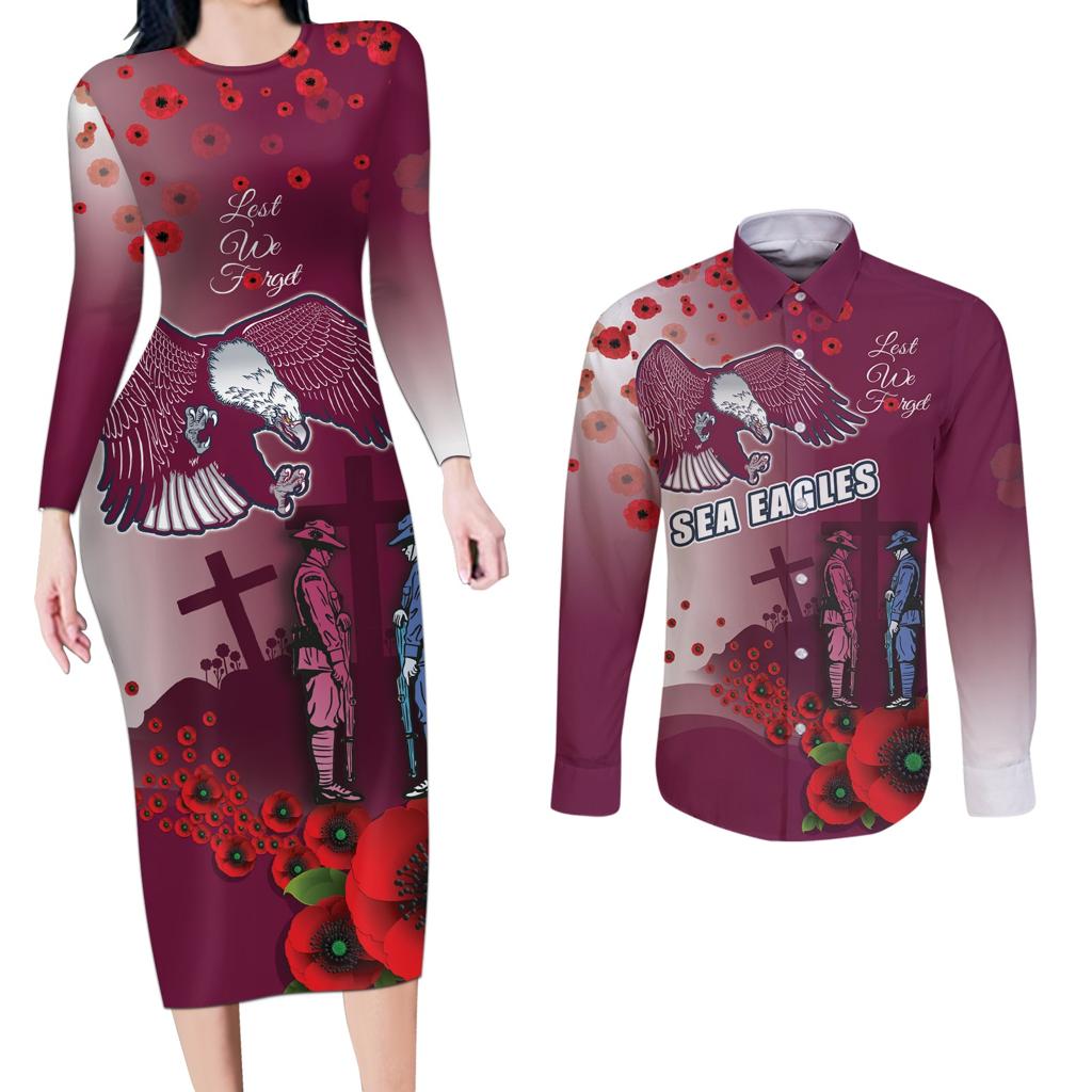 Custom Sea Eagle Rugby ANZAC Couples Matching Long Sleeve Bodycon Dress and Long Sleeve Button Shirt The Military Soldiers with Red Poppy