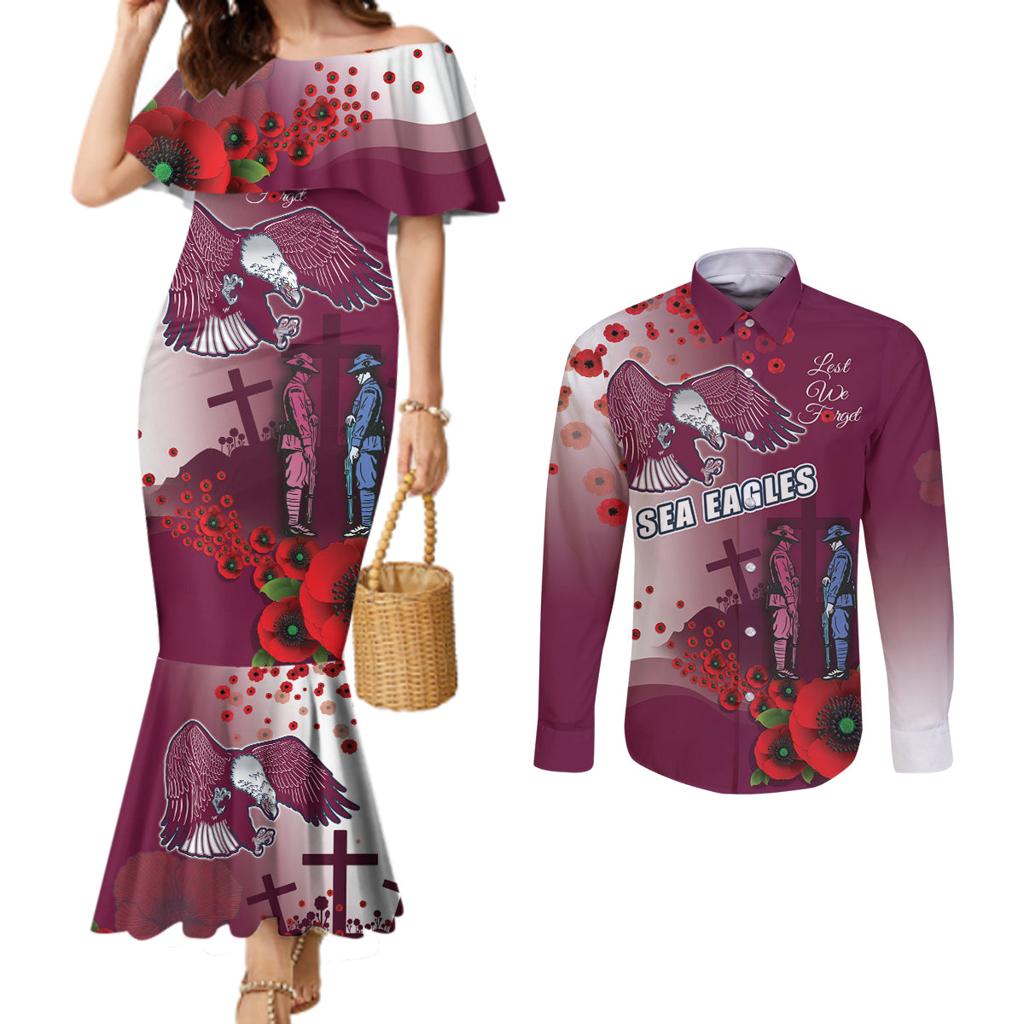 Custom Sea Eagle Rugby ANZAC Couples Matching Mermaid Dress and Long Sleeve Button Shirt The Military Soldiers with Red Poppy