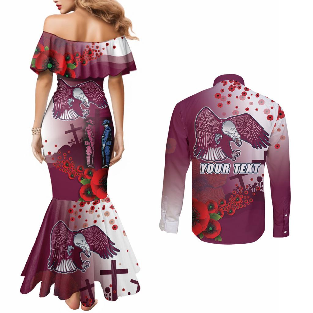 Custom Sea Eagle Rugby ANZAC Couples Matching Mermaid Dress and Long Sleeve Button Shirt The Military Soldiers with Red Poppy