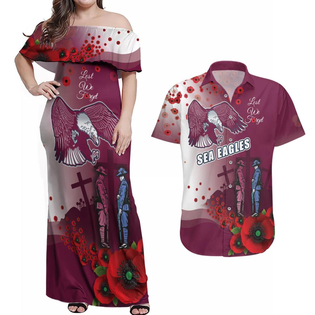 Custom Sea Eagle Rugby ANZAC Couples Matching Off Shoulder Maxi Dress and Hawaiian Shirt The Military Soldiers with Red Poppy