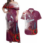Custom Sea Eagle Rugby ANZAC Couples Matching Off Shoulder Maxi Dress and Hawaiian Shirt The Military Soldiers with Red Poppy