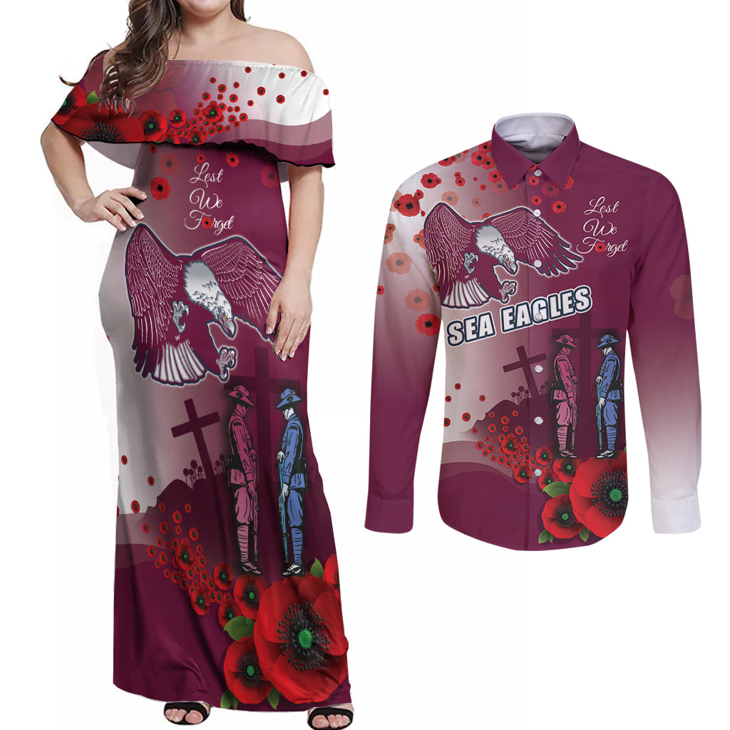 Custom Sea Eagle Rugby ANZAC Couples Matching Off Shoulder Maxi Dress and Long Sleeve Button Shirt The Military Soldiers with Red Poppy