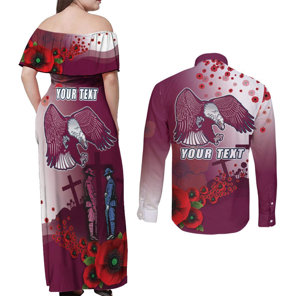 Custom Sea Eagle Rugby ANZAC Couples Matching Off Shoulder Maxi Dress and Long Sleeve Button Shirt The Military Soldiers with Red Poppy