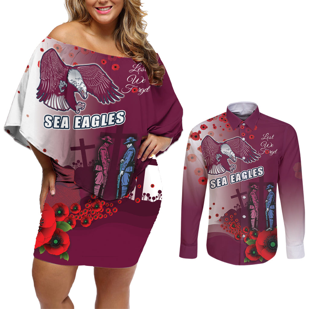 Custom Sea Eagle Rugby ANZAC Couples Matching Off Shoulder Short Dress and Long Sleeve Button Shirt The Military Soldiers with Red Poppy