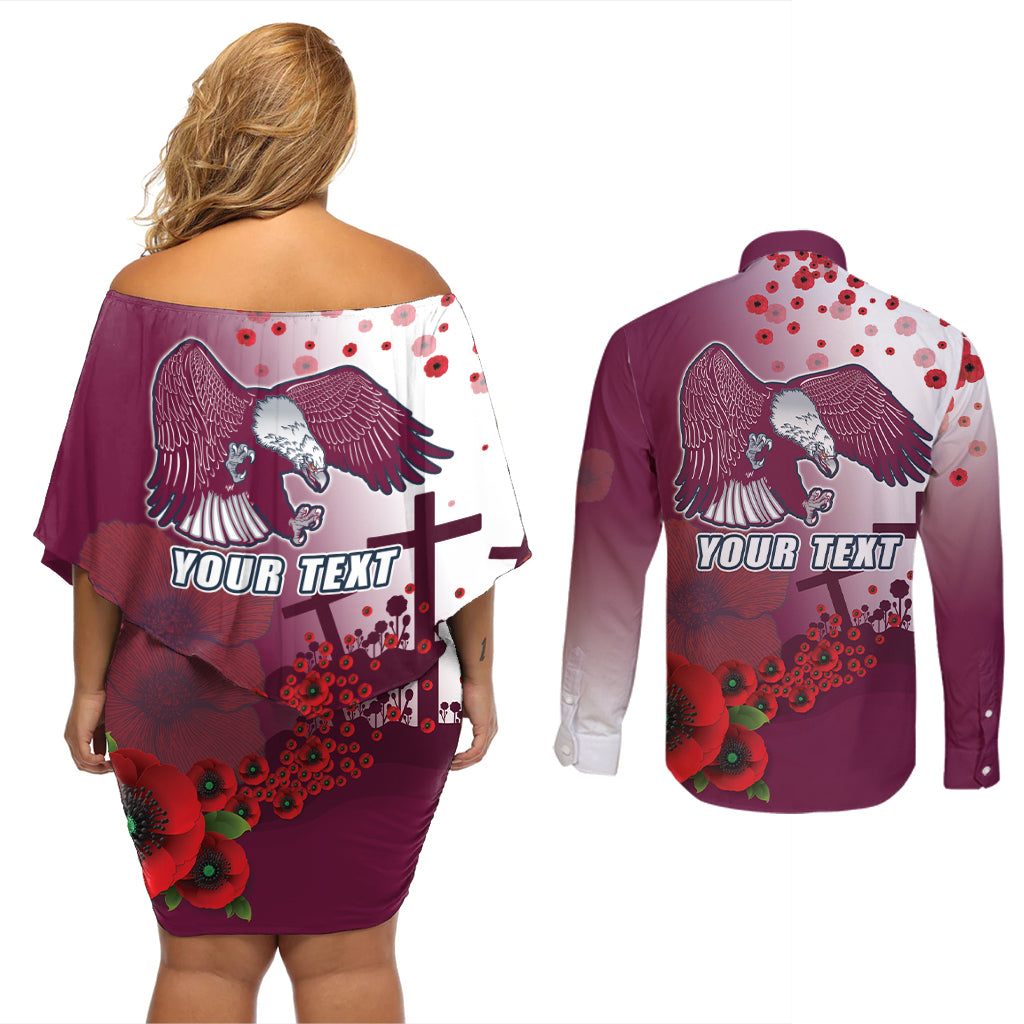 Custom Sea Eagle Rugby ANZAC Couples Matching Off Shoulder Short Dress and Long Sleeve Button Shirt The Military Soldiers with Red Poppy
