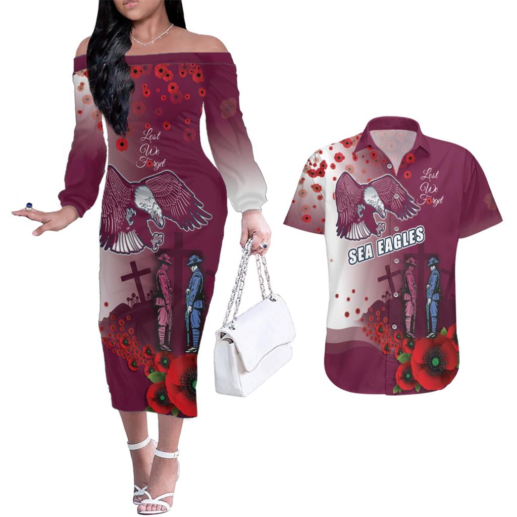 Custom Sea Eagle Rugby ANZAC Couples Matching Off The Shoulder Long Sleeve Dress and Hawaiian Shirt The Military Soldiers with Red Poppy