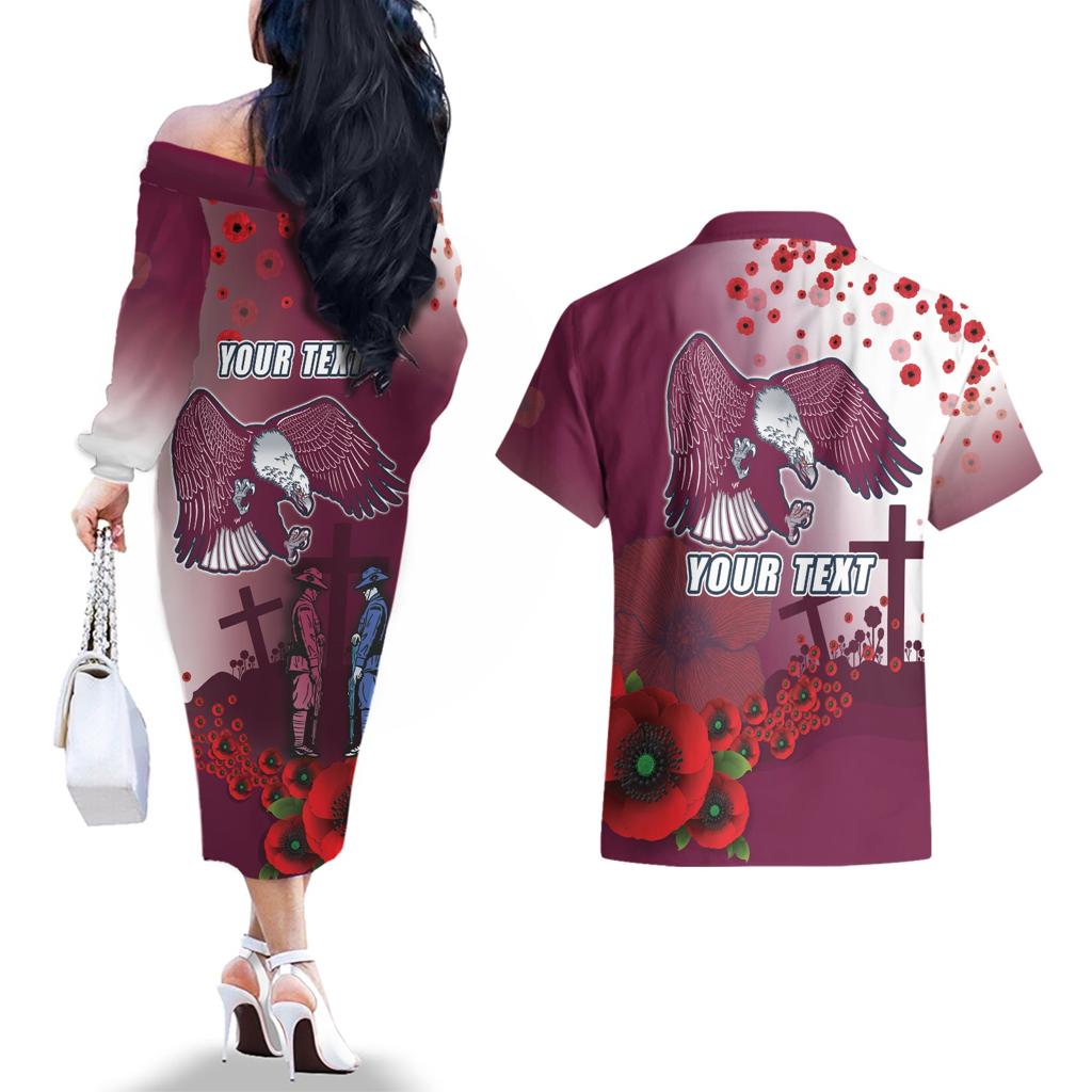 Custom Sea Eagle Rugby ANZAC Couples Matching Off The Shoulder Long Sleeve Dress and Hawaiian Shirt The Military Soldiers with Red Poppy