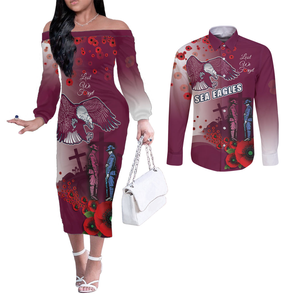Custom Sea Eagle Rugby ANZAC Couples Matching Off The Shoulder Long Sleeve Dress and Long Sleeve Button Shirt The Military Soldiers with Red Poppy