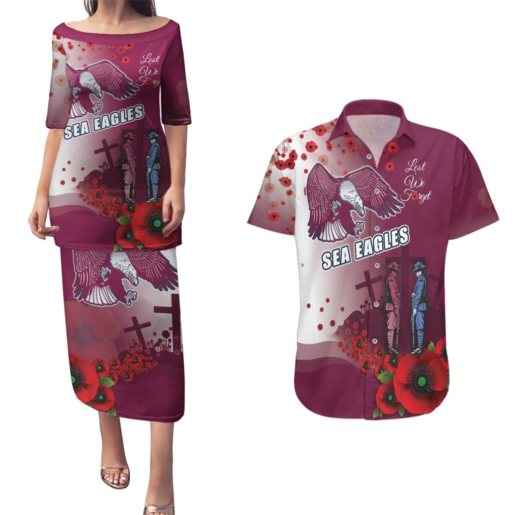 Custom Sea Eagle Rugby ANZAC Couples Matching Puletasi and Hawaiian Shirt The Military Soldiers with Red Poppy