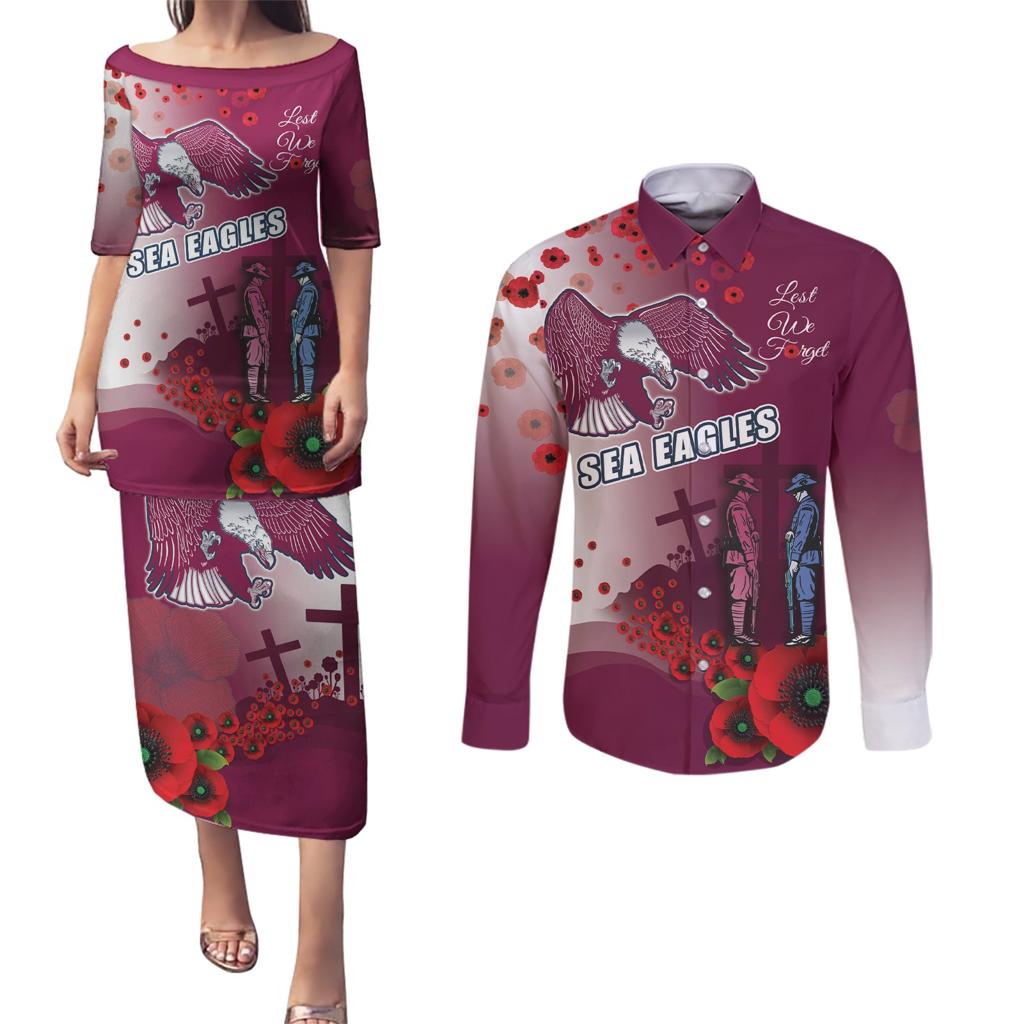Custom Sea Eagle Rugby ANZAC Couples Matching Puletasi and Long Sleeve Button Shirt The Military Soldiers with Red Poppy