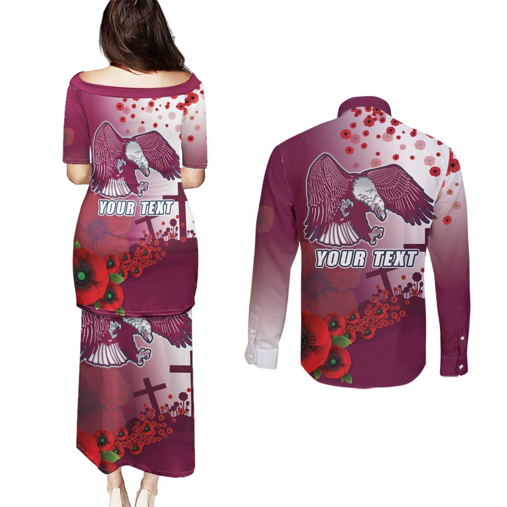 Custom Sea Eagle Rugby ANZAC Couples Matching Puletasi and Long Sleeve Button Shirt The Military Soldiers with Red Poppy