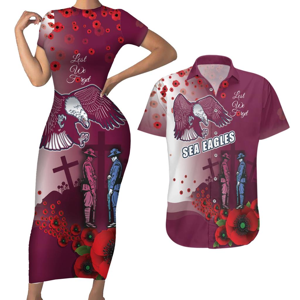 Custom Sea Eagle Rugby ANZAC Couples Matching Short Sleeve Bodycon Dress and Hawaiian Shirt The Military Soldiers with Red Poppy