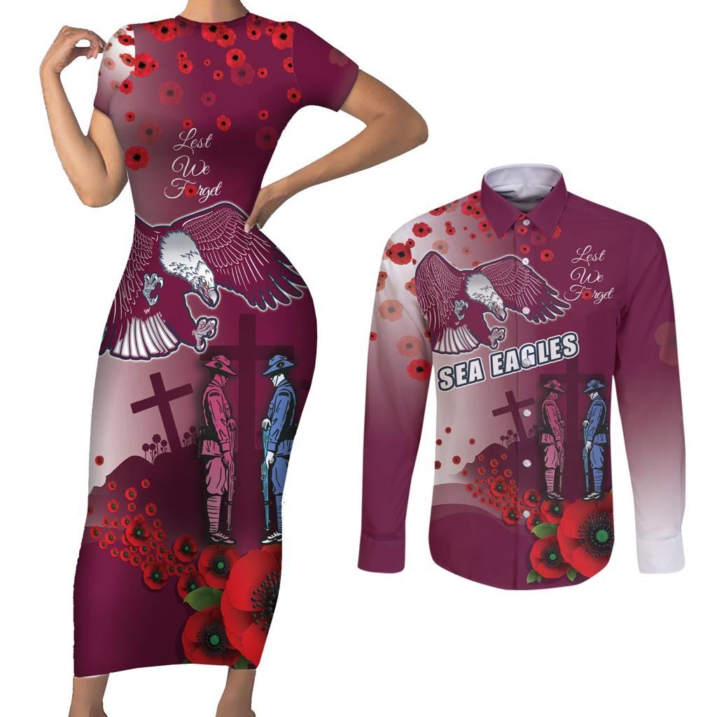 Custom Sea Eagle Rugby ANZAC Couples Matching Short Sleeve Bodycon Dress and Long Sleeve Button Shirt The Military Soldiers with Red Poppy