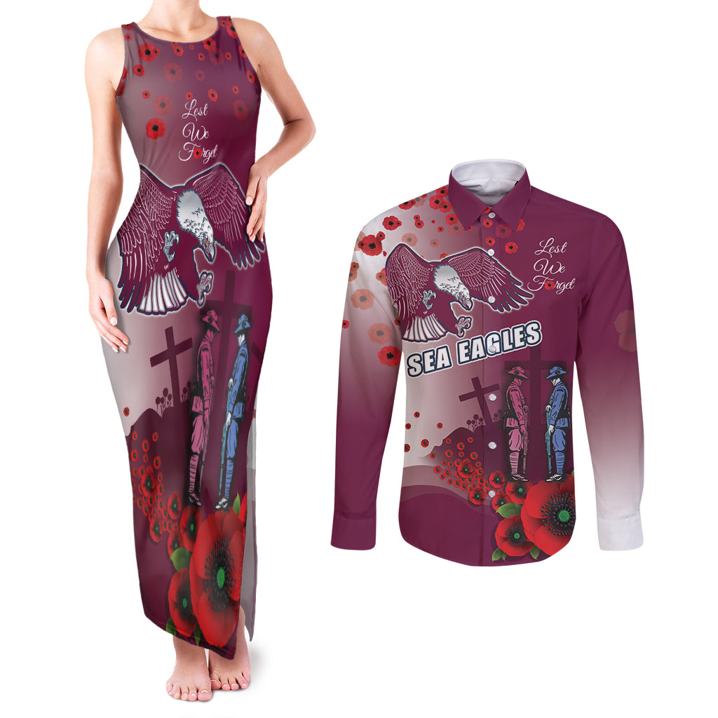 Custom Sea Eagle Rugby ANZAC Couples Matching Tank Maxi Dress and Long Sleeve Button Shirt The Military Soldiers with Red Poppy