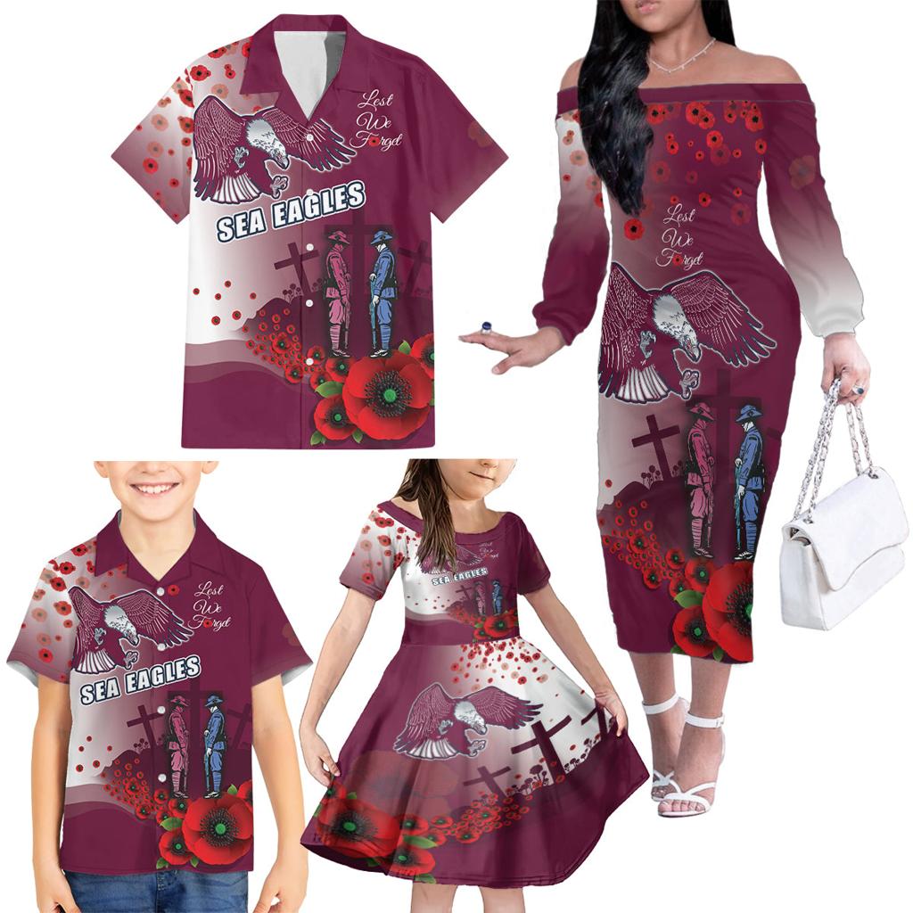 Custom Sea Eagle Rugby ANZAC Family Matching Off Shoulder Long Sleeve Dress and Hawaiian Shirt The Military Soldiers with Red Poppy