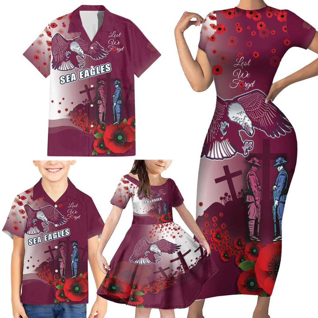 Custom Sea Eagle Rugby ANZAC Family Matching Short Sleeve Bodycon Dress and Hawaiian Shirt The Military Soldiers with Red Poppy