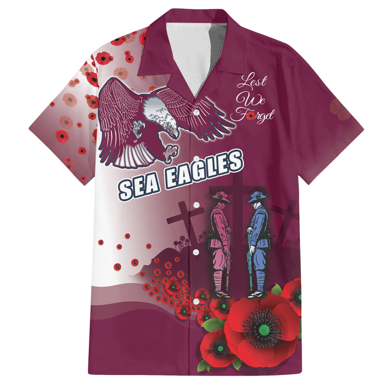 Custom Sea Eagle Rugby ANZAC Hawaiian Shirt The Military Soldiers with Red Poppy