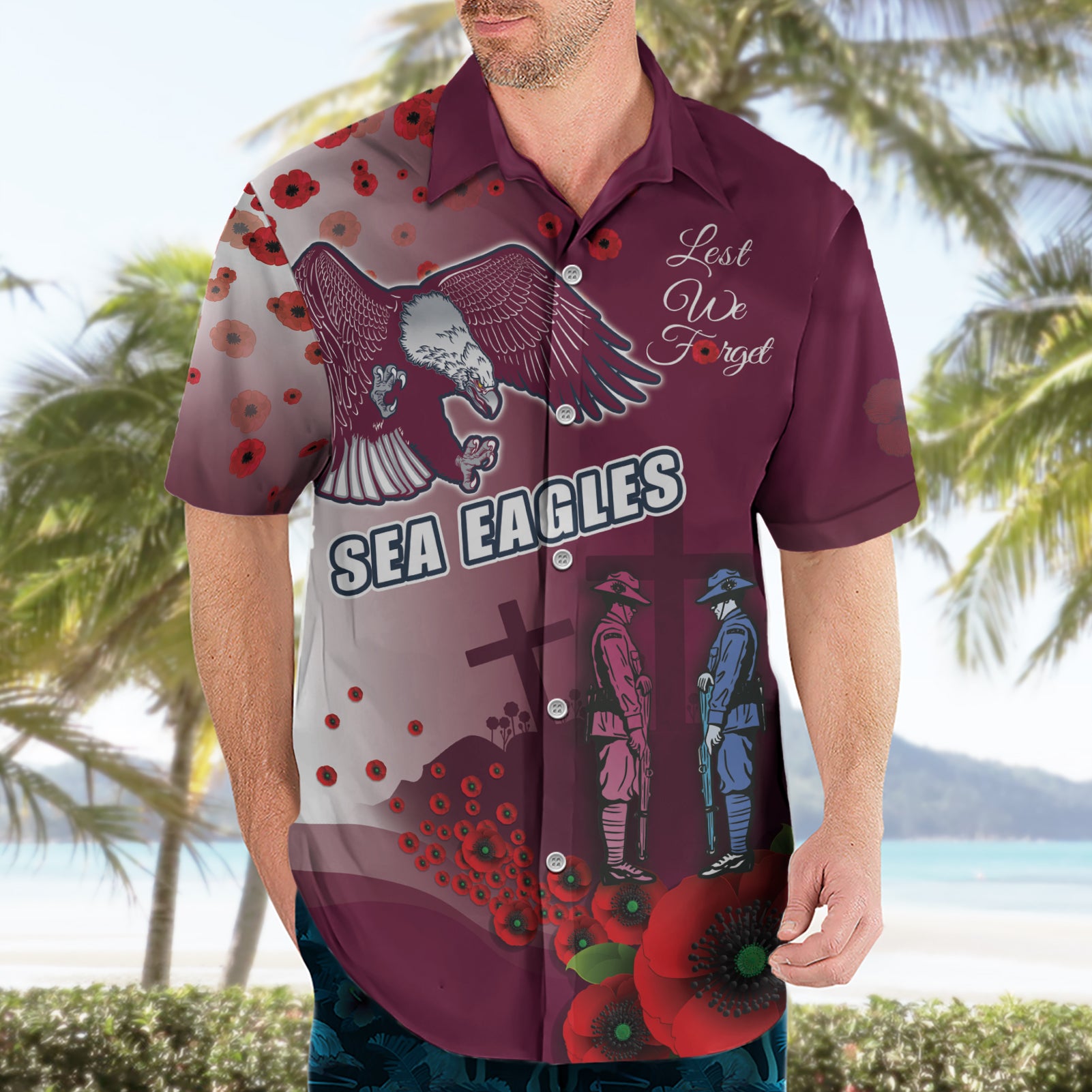 Custom Sea Eagle Rugby ANZAC Hawaiian Shirt The Military Soldiers with Red Poppy