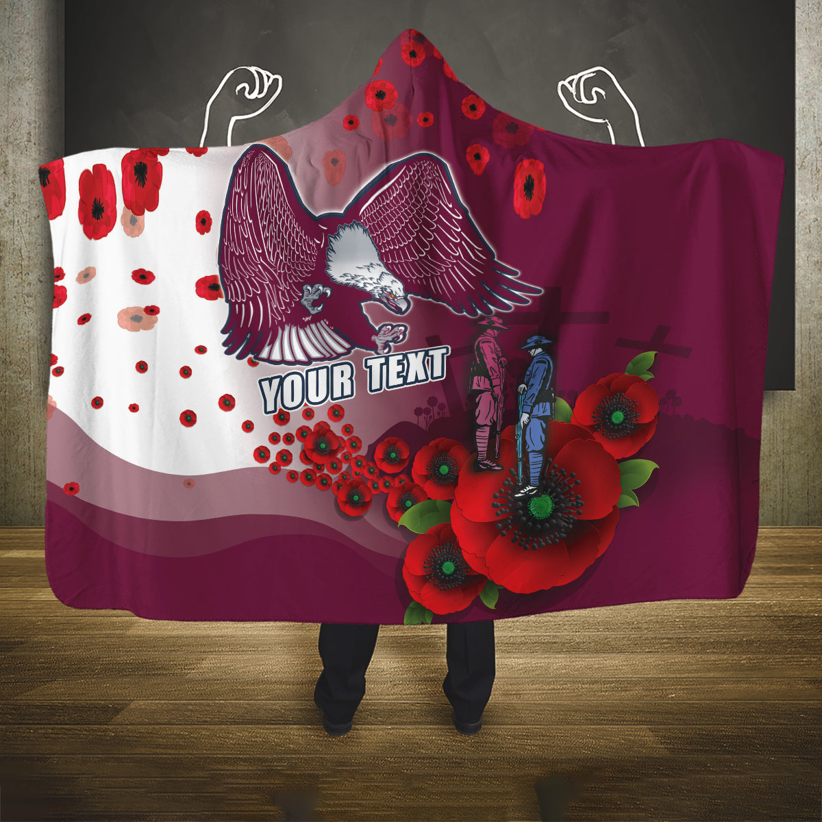 Custom Sea Eagle Rugby ANZAC Hooded Blanket The Military Soldiers with Red Poppy