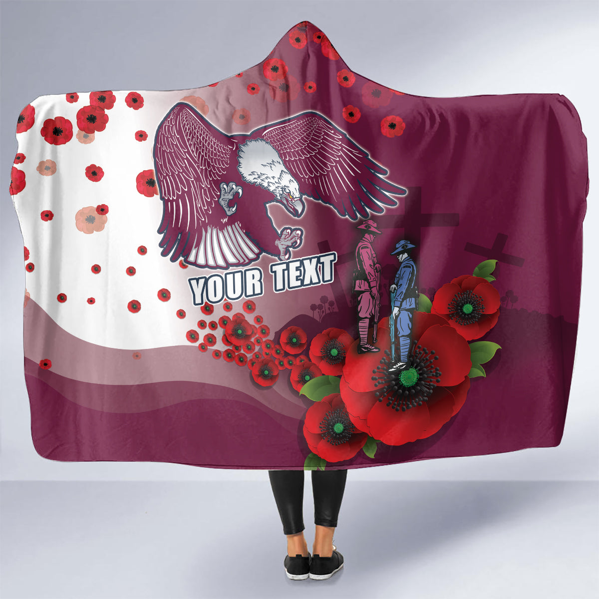 Custom Sea Eagle Rugby ANZAC Hooded Blanket The Military Soldiers with Red Poppy